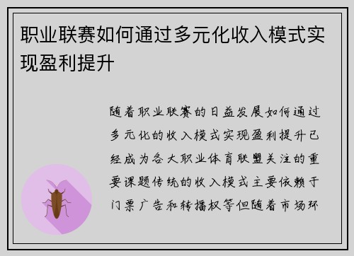 职业联赛如何通过多元化收入模式实现盈利提升