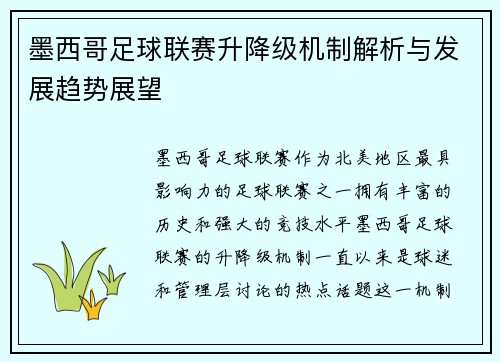 墨西哥足球联赛升降级机制解析与发展趋势展望
