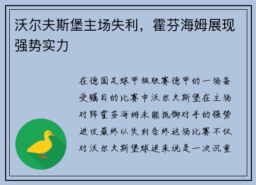 沃尔夫斯堡主场失利，霍芬海姆展现强势实力